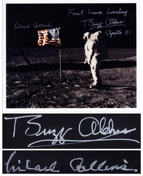Buzz Aldrin and Michael Collins Signed 10'' x 8'' ''First Lunar Landing'' Photo -- Aldrin Stands in Front of the U.S. Flag on the Moon